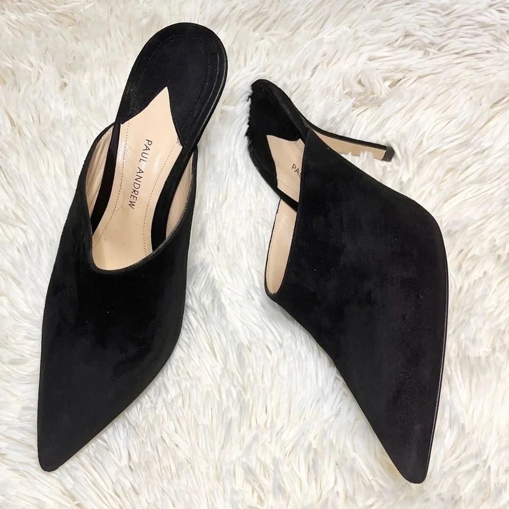 Paul Andrew Black Suede Pointed Toe Mules Stiletto Heels Made in Italy 39.5